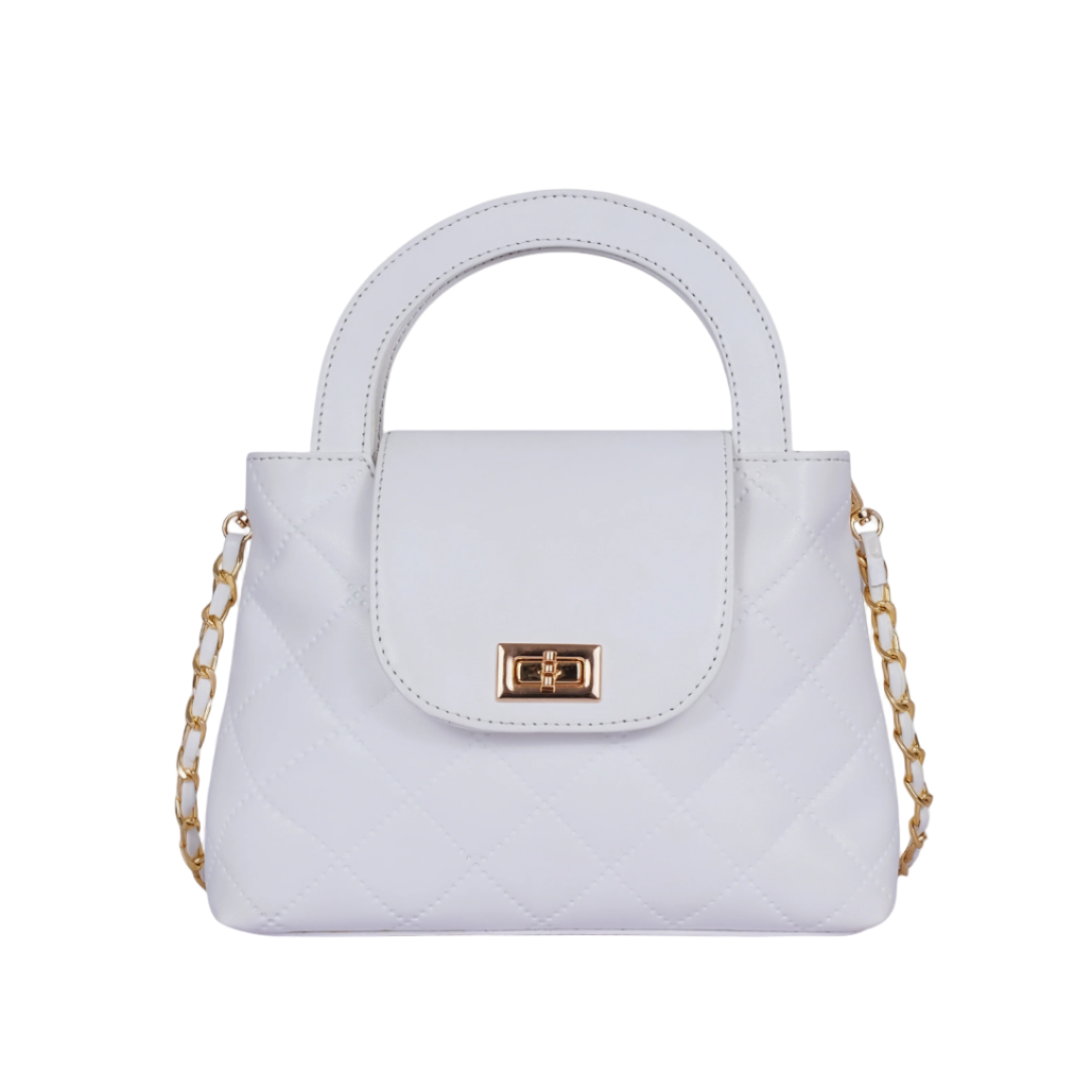 Women Quilted Top Handle Handbag White Faux Leather with Gold-Tone Chain Strap & Lock Closure